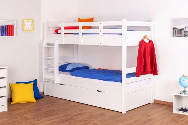 Massivholz Etagenbett inkl. Ausziehbett für Kinder und Jugendliche | Matratzenmaß: 90 x 200 cm | Weiß Lackiert | umbaubar in 2 Einzelbetten | mit Rollbett | inkl. Rollroste Abbildung