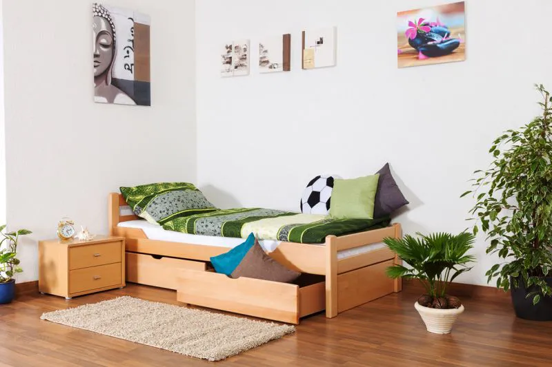 Bettrahmen für Kinder 90 x 200 cm | inkl. Stauraum / 2 Schubladen | Massivholz: Buche | Natur Lackiert | inkl. Lattenrost Abbildung