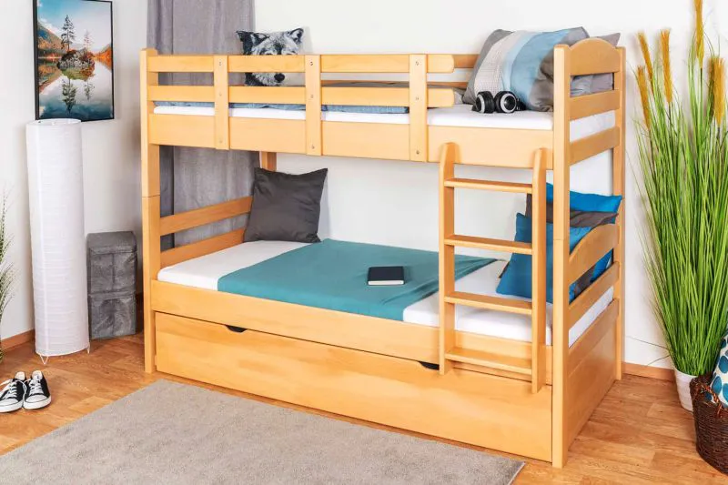 Massivholz Etagenbett inkl. Ausziehbett für Kinder und Jugendliche | Matratzenmaß: 90 x 200 cm | Natur Lackiert | umbaubar in 2 Einzelbetten | mit Rollbett | inkl. Rollroste Abbildung