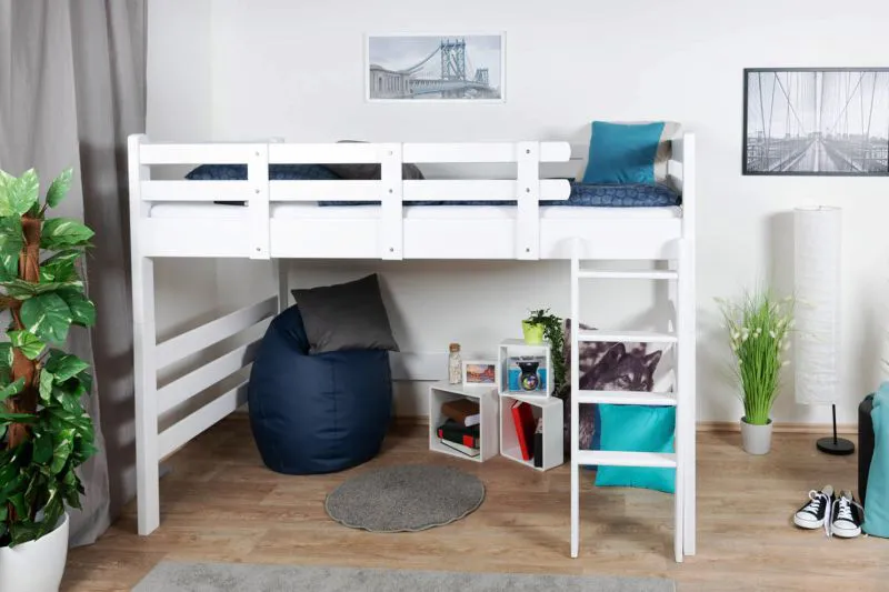 Massivholz Hochbett für Kinder | Matratzenmaß: 120 x 190 cm | Weiß Lackiert | umbaubar in Einzelbett | Premium-Qualität | inkl. Rollrost Abbildung