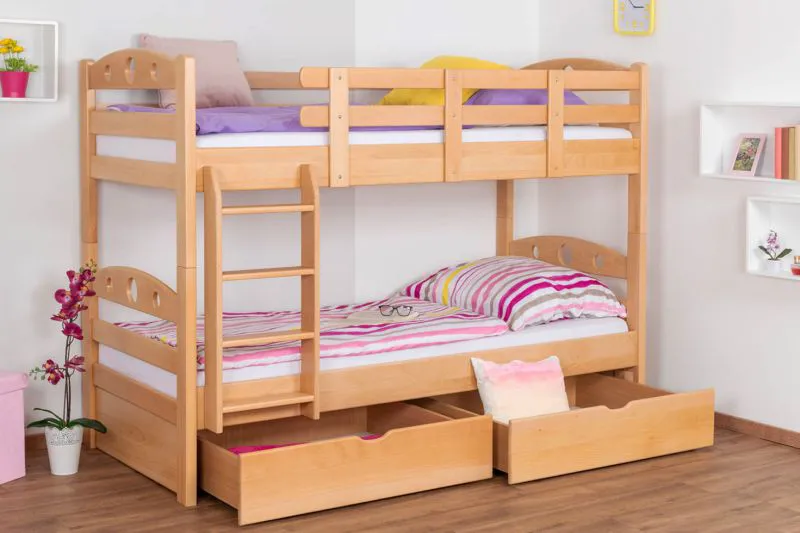 Kinderetagenbett inkl. Stauraum (2 Schubladen) | 90 x 200 cm | Massivholz: Buche | Natur Lackiert | umbaubar in 2 Einzelbetten | Premium-Qualität | inkl. Rollroste Abbildung
