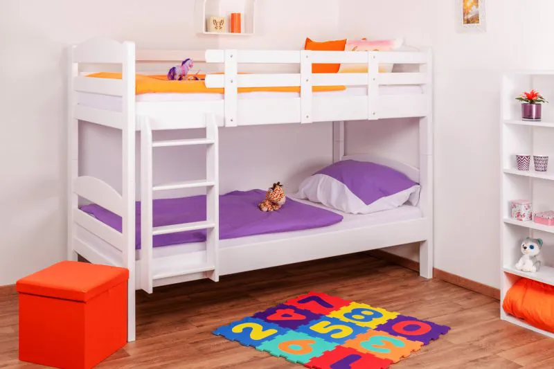 Kinderetagenbett 90 x 200 cm | Massivholz: Buche | Weiß Lackiert | umbaubar in 2 Einzelbetten | Premium-Qualität | inkl. Rollroste Abbildung