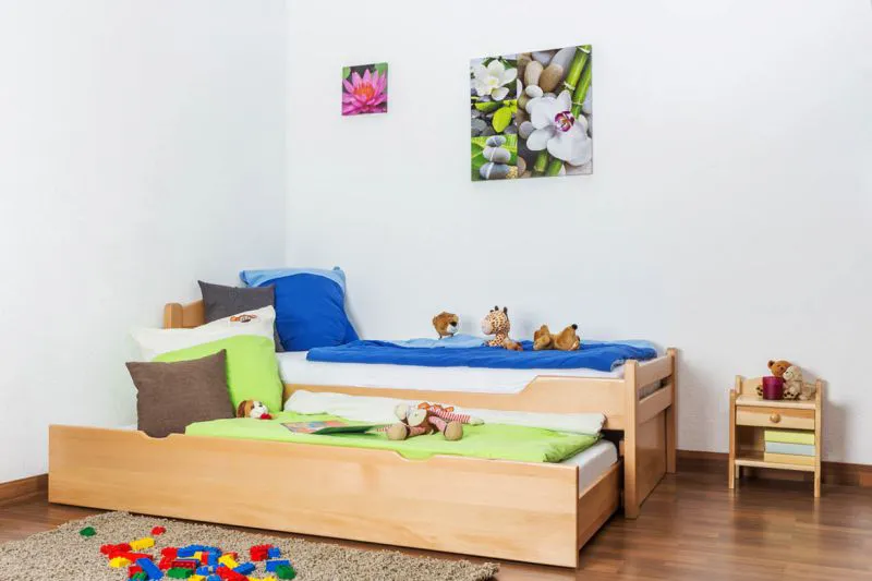 Kinderbett 90 x 200 cm mit Ausziehbett 90 x 190 cm | Massivholz: Buche | Natur Lackiert | inkl. 2. Liegeplatz 90 x 190 cm ausziehbar und 2 Rollrost Abbildung