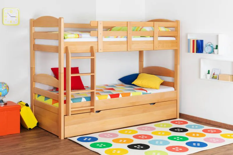 90 x 200 cm Jugendstockbett inkl. Bettkasten als 3. Liegefläche | Massivholz: Buche | Natur Lackiert | umbaubar in 2 Einzelbetten | Bettkasten als Stauraum oder Liegefläche | inkl. Rollroste Abbildung