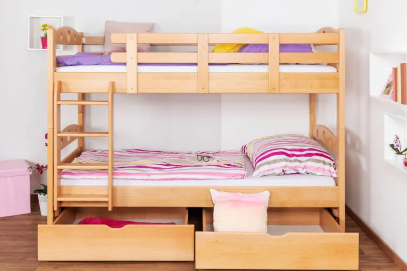 Kinderstockbett inkl. Stauraum (2 Schubladen) | 90 x 200 cm | Massivholz: Buche | Natur Lackiert | umbaubar in 2 Einzelbetten | Premium-Qualität | inkl. Rollroste Abbildung