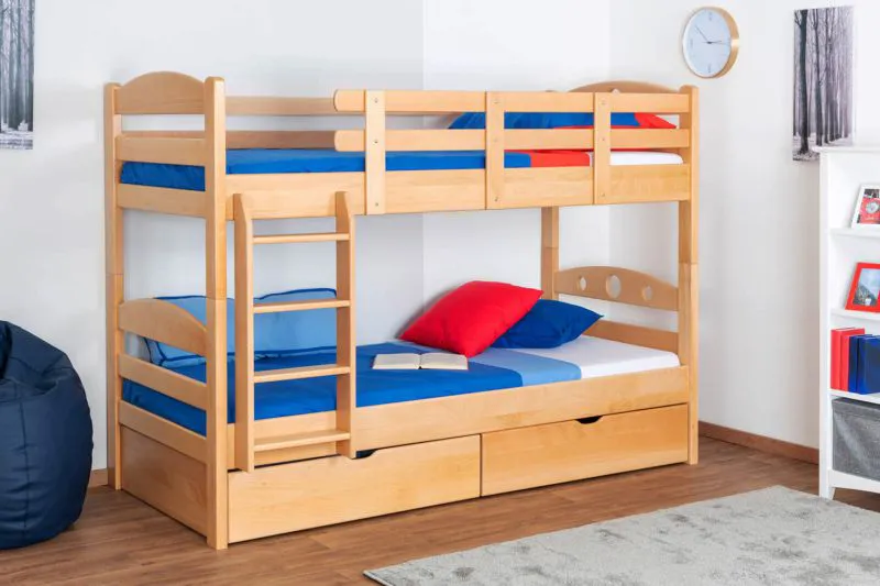 Jugendstockbett inkl. Stauraum (2 Schubladen) | 90 x 200 cm | Massivholz: Buche | Natur Lackiert | umbaubar in 2 Einzelbetten | Premium-Qualität | inkl. Rollroste Abbildung