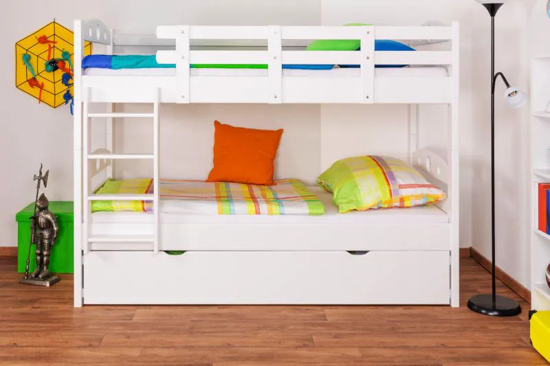 90 x 200 cm Kinderstockbett inkl. Bettkasten als 3. Liegefläche | Massivholz: Buche | Weiß Lackiert | umbaubar in 2 Einzelbetten | Bettkasten als Stauraum oder Liegefläche | inkl. Rollroste Abbildung