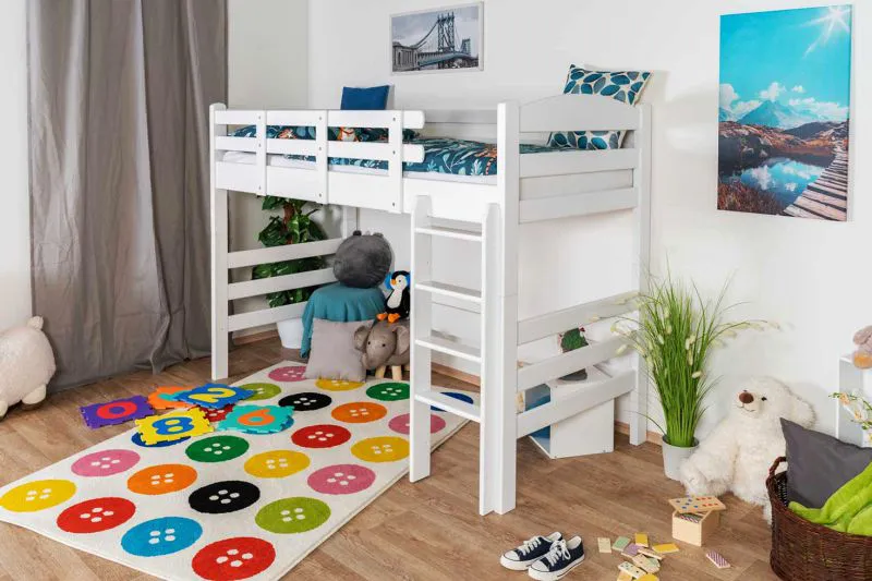 Weißes Kinder-Hochbett 90 x 190 cm | Massivholz: Buche | Weiß Lackiert | umbaubar in Einzelbett | Premium-Qualität | inkl. Rollrost Abbildung