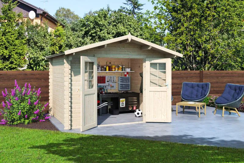 Holz-Gartenhaus 2,98 x 3,19 Meter (inkl. Dach) | Natur | Satteldach | 28 mm Blockbohlen-Haus Abbildung