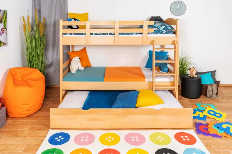 Kinderstockbett 90 x 200 cm + Bettkasten/Stauraum/Ausziehbett | Massivholz: Buche | Natur Lackiert | umbaubar/teilbar in 2 Einzelbetten | inkl. Rollroste Abbildung