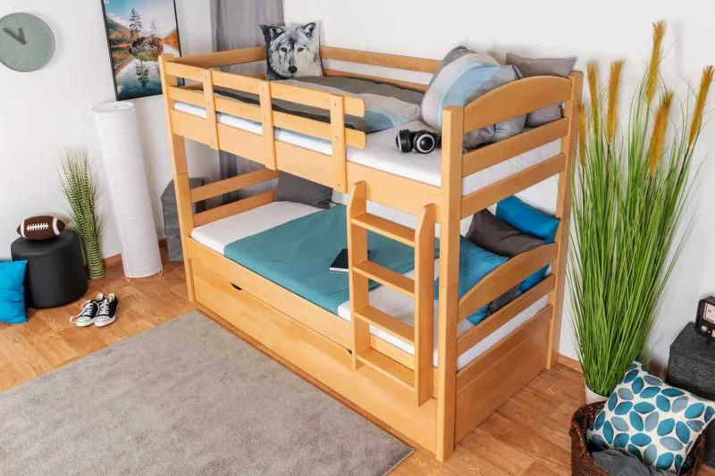 Kinderstockbett 90 x 200 cm + Unterkasten/Stauraum/Ausziehbett | Massivholz: Buche | Natur Lackiert | umbaubar/teilbar in 2 Einzelbetten | inkl. Rollroste Abbildung