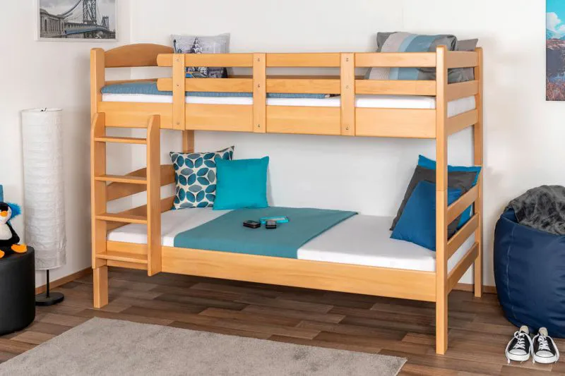 Stockbett für Jugendliche 90 x 200 cm | Massivholz: Buche | Natur Lackiert | umbaubar in 2 Einzelbetten | inkl. Rollroste Abbildung