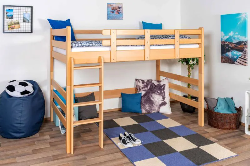 Hochbett für Jugendliche 120 x 190 cm | Massivholz: Buche | Natur Lackiert | umbaubar in Einzelbett | Premium-Qualität | inkl. Rollrost Abbildung