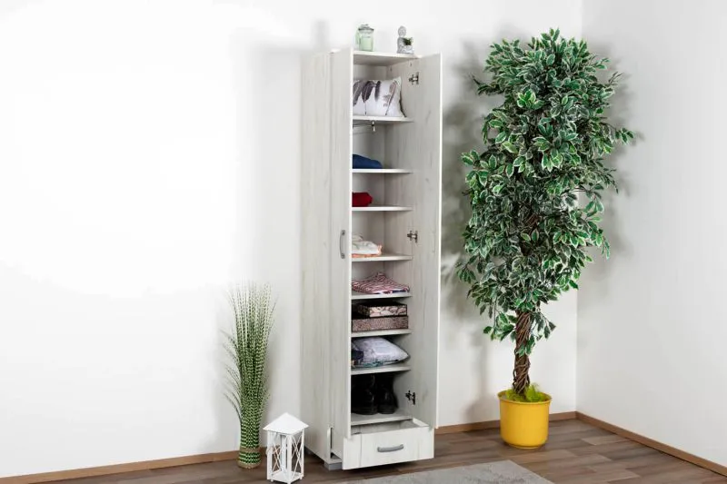 Kleiderschrank | 2 Drehtüren | 1 Schublade | 8 Fächer | mit Kleiderstange | 50 cm breit | Farbe: Weiß Abbildung