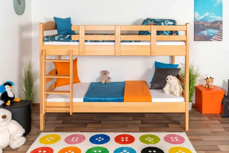 Etagenbett für Kinder 90 x 200 cm | Massivholz: Buche | Natur Lackiert | umbaubar in 2 Einzelbetten | inkl. Rollroste Abbildung