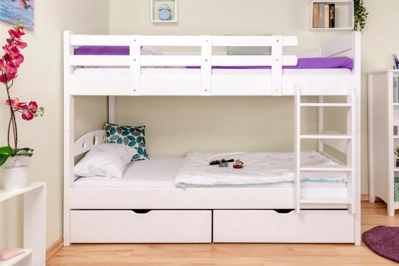Etagenbett mit Stauraum / 2 Schubladen für Jugendliche 90 x 200 cm | Massivholz: Buche | Weiß Lackiert | umbaubar in 2 Einzelbetten | Premium-Qualität | inkl. Rollroste Abbildung