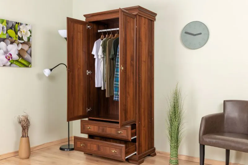 88 cm breiter Kleiderschrank mit 2 Türen und 2 Schubladen | Farbe: Dunkelbraun | Tiefe: 49 cm Abbildung
