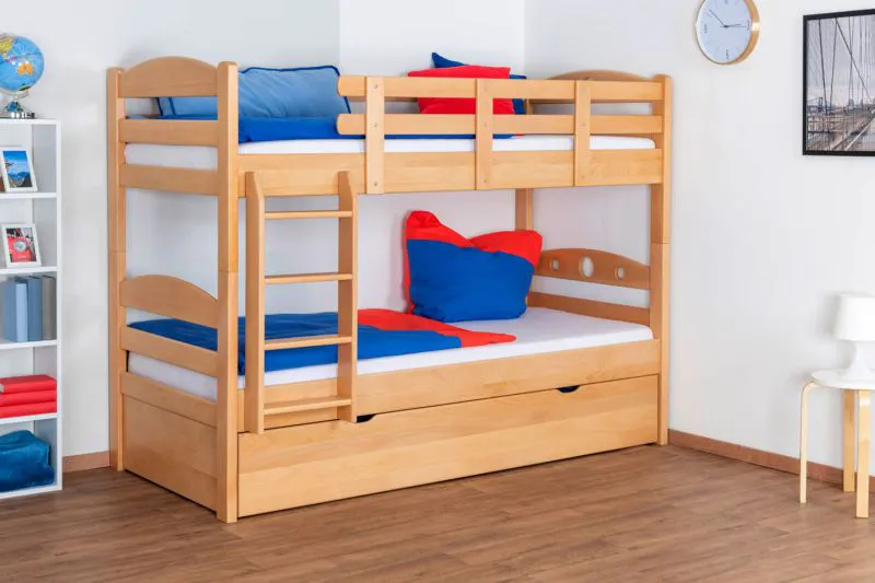 Stockbett + Bettkasten für Jugendliche 90 x 200 cm | Massivholz: Buche | Natur Lackiert | inkl. Bettkasten | umbaubar in 2 Einzelbetten | inkl. Rollroste Abbildung