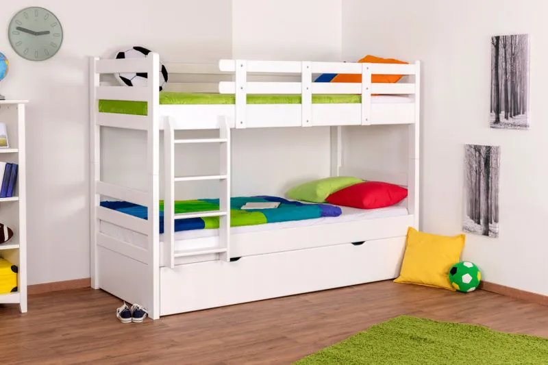 Stockbett + Ausziehbett für Jugendliche 90 x 200 cm | Massivholz: Buche | Weiß Lackiert | inkl. Bettkasten | umbaubar in 2 Einzelbetten | inkl. Rollroste Abbildung