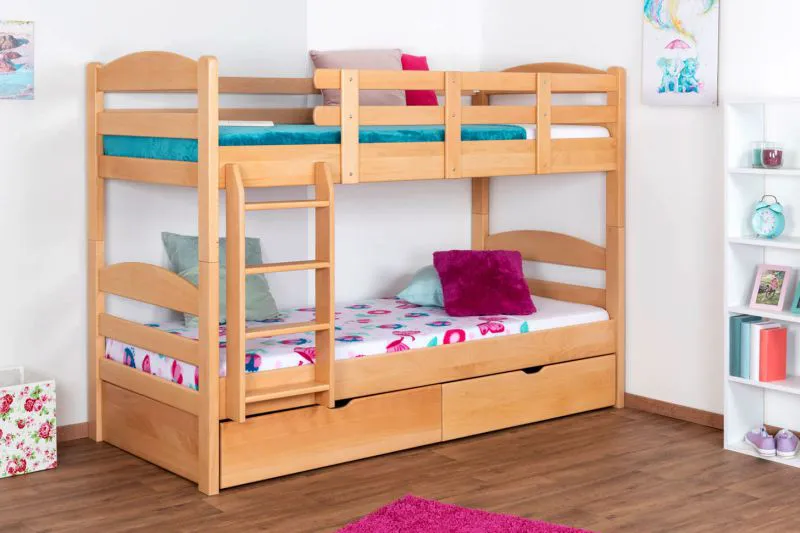 90 x 200 cm Etagenbett mit Stauraum / 2 Schubladen für Kinder Massivholz: Buche | Natur Lackiert | umbaubar in 2 Einzelbetten | Premium-Qualität | inkl. Rollroste Abbildung