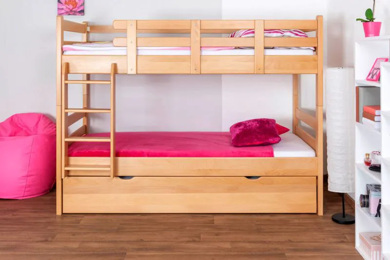 Etagenbett + Ausziehbett für Jugendliche 90 x 200 cm | Massivholz: Buche | Natur Lackiert | inkl. Stauraum/Ausziehbett | umbaubar in 2 Einzelbetten | inkl. Rollroste Abbildung