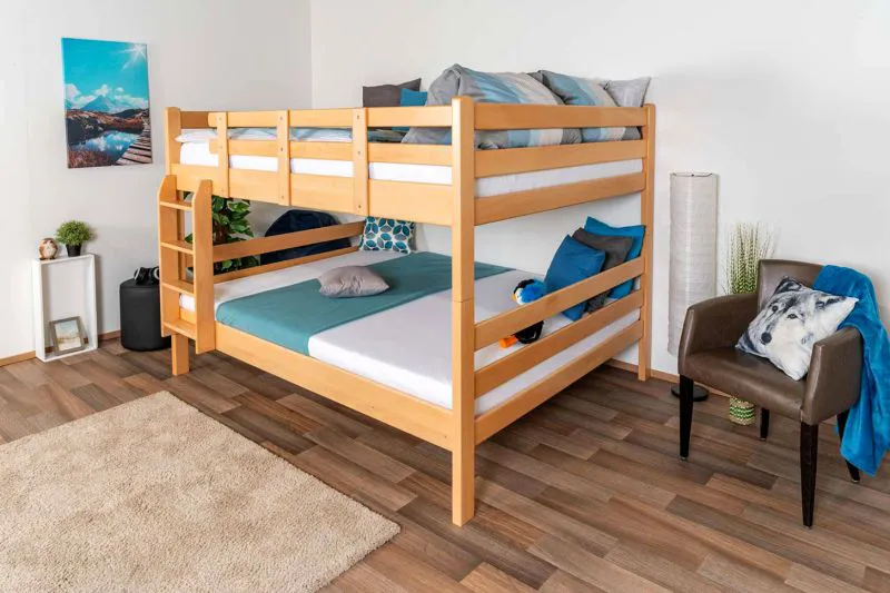 Stockbett mit Doppelbetten 160 x 200 cm | Massivholz: Buche | Natur Lackiert | umbaubar in zwei Einzelbetten | inkl. Rollroste Abbildung
