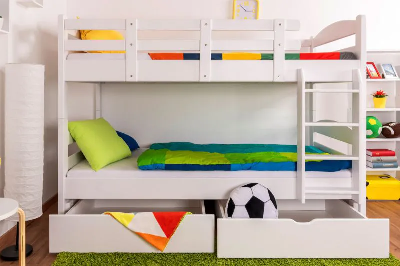 Stockbett mit Stauraum / 2 Schubladen für Jugendliche 90 x 200 cm | Massivholz: Buche | Weiß Lackiert | umbaubar in 2 Einzelbetten | Premium-Qualität | inkl. Rollroste Abbildung