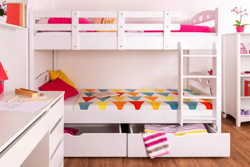 90 x 200 cm Stockbett mit Stauraum / 2 Schubladen für Kinder Massivholz: Buche | Weiß Lackiert | umbaubar in 2 Einzelbetten | Premium-Qualität | inkl. Rollroste Abbildung