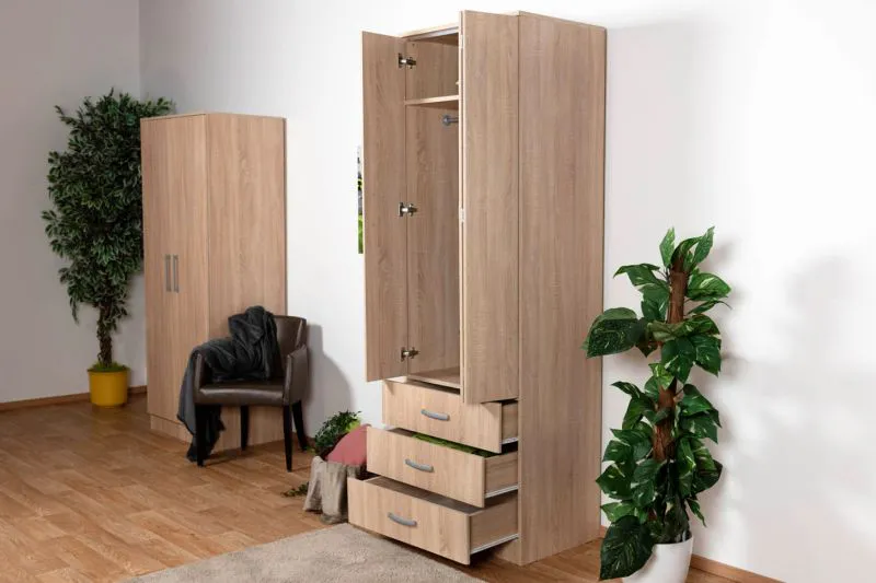 Kleiderschrank | 2 Drehtüren | 3 Schubladen | 1 Fach | mit Kleiderstange | 75 cm breit | Farbe: Braun Abbildung