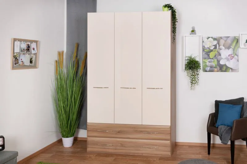 Kleiderschrank | 3 Drehtüren | 2 Schubladen | 2 Fächer | mit 2 Kleiderstangen | 137 cm breit | Farbe: Beige Abbildung