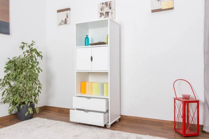 Regal, Küchenregal, Wohnzimmerregal, Bücherregal - 60 cm breit, Kiefer Holz-Massiv, Farbe: Weiß Abbildung