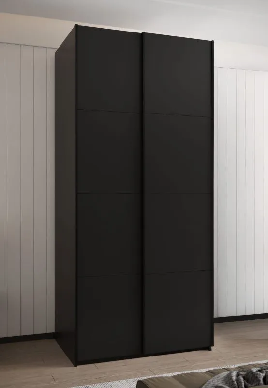 Kleiderschrank / Schiebetürenschrank | 245,5, x 120 x 64 cm | 2 Kleiderstangen | 6 Einlegeböden | 6 Fächer | 2 Schiebetüren | Farbe: Schwarz | Soft-Close
