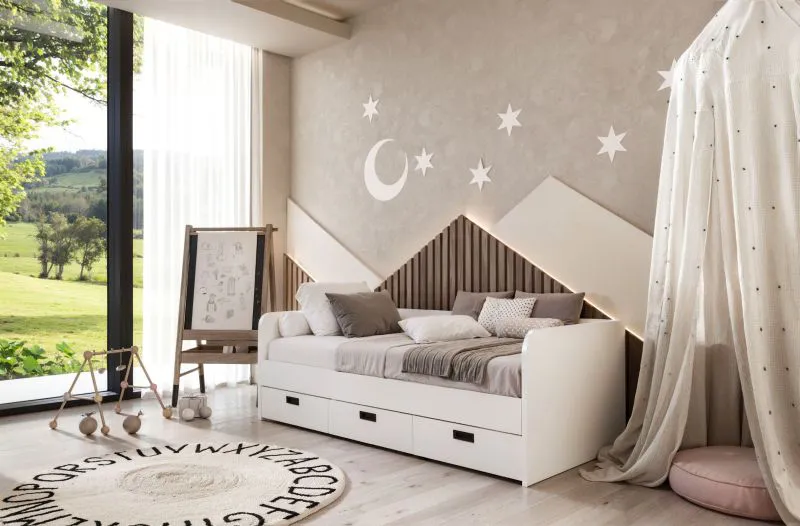 Weißes Kinderbett mit 3 Schubladen, Matratzenmaße: 90 x 200 cm, erweiterbare Liegefläche auf 180 x 200 cm, inkl. Lattenrost, modernes Jugendbett