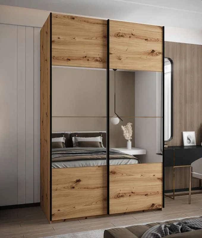 Kleiderschrank / Schiebetürenschrank | 11 Fächer | 2 Schiebetüren | 245,5 x 160 x 64 cm | 2 Kleiderstangen | Soft-Close | Spiegel | Farbe: Eiche Artisan