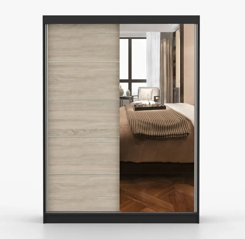 Schiebetürenschrank / Kleiderschrank mit Spiegel Sonoma Eiche / Schwarz | Bucegi  25 | 200 x 150 x 61 cm | 2 Türen | Griffe: Aluminium | 6 Fächer