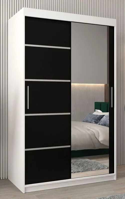 Schiebetürenschrank / Kleiderschrank Jan 02B mit Spiegel, Farbe: Weiß matt / Schwarz - Abmessungen: 200 x 120 x 62 cm ( H x B x T)