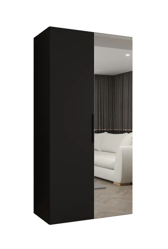 Drehtürenschrank / Kleiderschrank Korab 61, Farbe: Schwarz, eine Spiegeltür, eine Kleiderstange, Griffe: Schwarz, 1 Meter breit, Soft-Close-Funktion