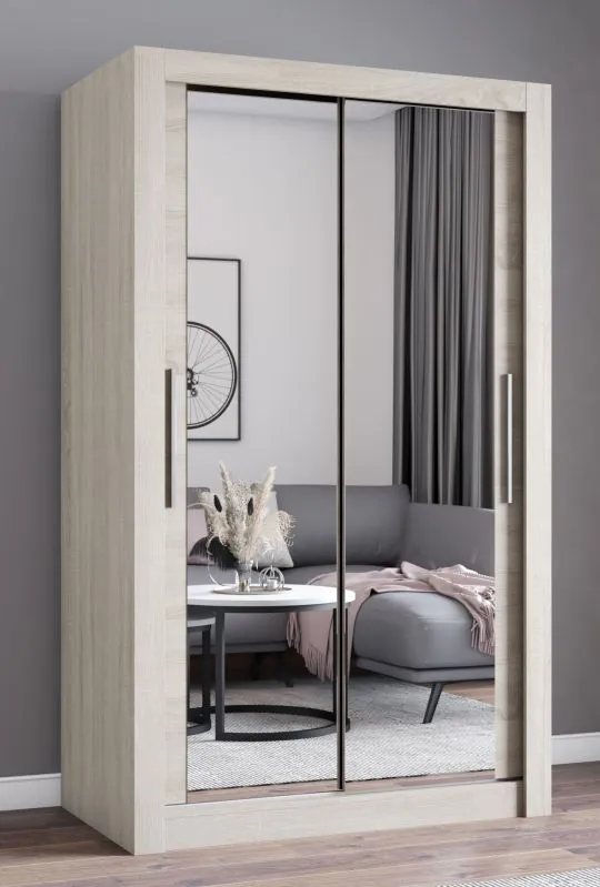 Schiebetürenschrank / Kleiderschrank mit Spiegel | 215 x 120 x 64 cm | Eiche | Biokovo 06 | 2 Türen | 7 Fächer | ausreichend Stauraum | Einfarbig