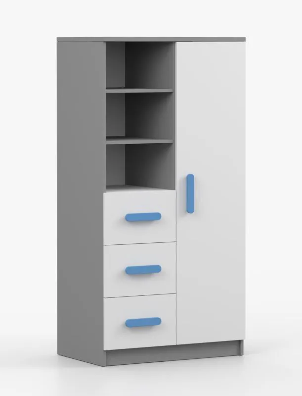 80 cm breites Bücherregal | Weiß / Grau | Smolikas 35 | 3 Schubladen | 159 x 80 x 40 cm | 7 Fächer | blaue Holzgriffe | schlicht