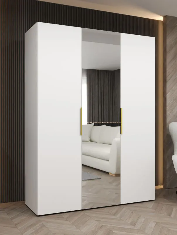 Kleiderschrank mit zwei Fächer Korab 71, Farbe: Weiß, zwei Kleiderstangen, 1,5 Meter breit, Griffe: Gold, Soft-Close-Funktion, eine Spiegeltür, Drehtürenschrank