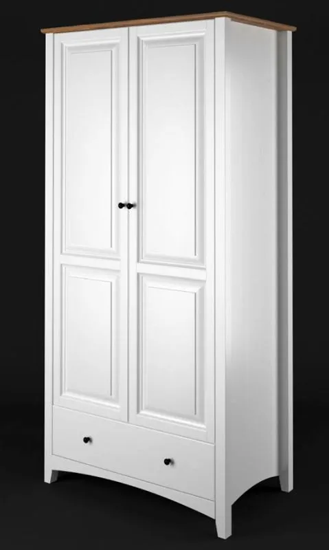 Schmaler Kleiderschrank | 2 Drehtüren | 1 Schublade | mit Kleiderstange | 80 cm breit | Massivholz | Farbe: Braun Abbildung