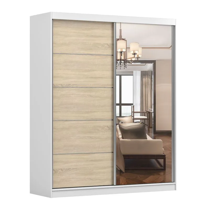 Schiebetürenschrank 1,8 Meter breit / Kleiderschrank | Cuillin 02 | Weiß / Eiche | mit Spiegel | 6 Fächer | 2 Türen | 218 x 183 x 61 cm | viel Platz