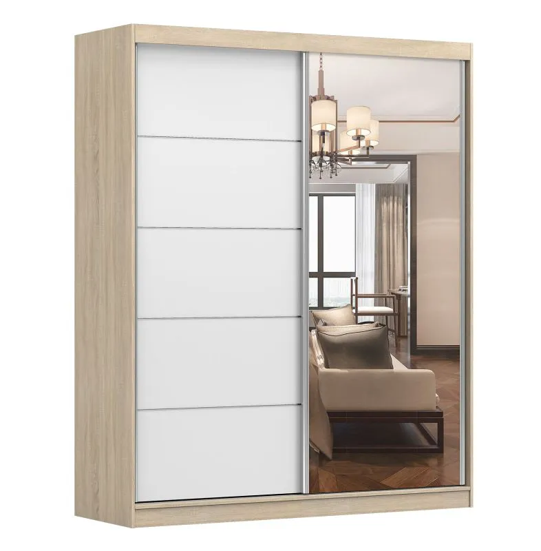 Kleiderschrank / Schiebetürenschrank | mit Spiegel | Eiche / Weiß | Cuillin 09 | 218 x 183 x 61 cm | 2 Türen | 6 Fächer | Front in Holzoptik