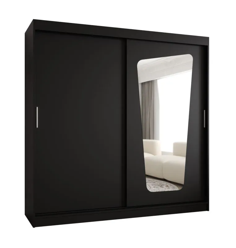 Schiebetürenschrank / Kleiderschrank Aletschhorn 19, Farbe: Schwarz, 10 Fächer, eine Spiegeltür, 2 Meter breit, zwei Kleiderstangen, Aluminiumschienen