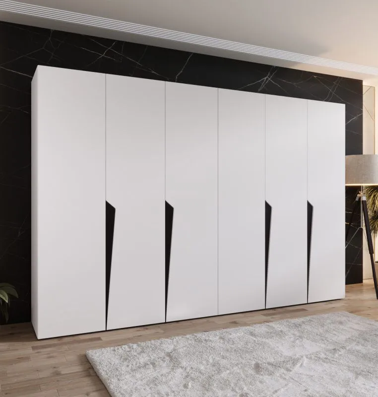 Drehtürenschrank / Kleiderschrank | Farbe: Weiß | 4 Fächer | 3 Meter breit | Griffe: Schwarz | 4 Kleiderstangen | Soft-Close-Funktion | Maße: 300 x 52 x 202 cm