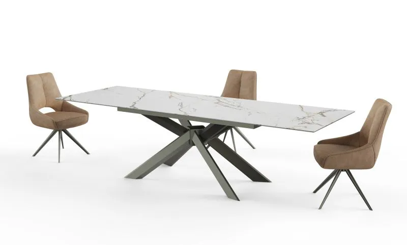 Ausziehbarer Esstisch Isome 01, Farbe: Weiß mit Marmor, Tischplatte: Kombination aus gehärtetem Glas und Keramik, Maße: 180-260 x 95 cm (L x B)