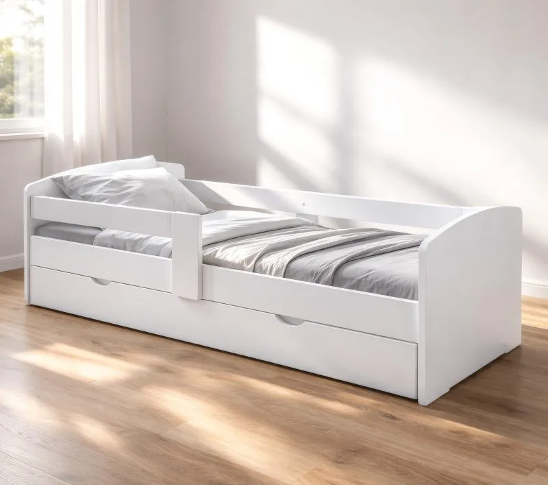 Kinderbett / Jugendbett White Dreams | inkl. Schublade mit 2 Fächern | 90 x 200 cm | Farbe: Weiß | inkl. Lattenrost aus Buche