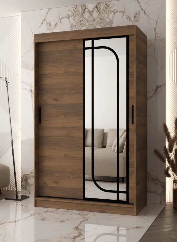 Kleiderschrank | 1 Spiegeltür | Farbe: Walnuss Warmia | 120 x 62 x 200 cm | 2 Kleiderstangen | zuverlässiges Gleitsysteme | 5 Fächer | Moderne Details