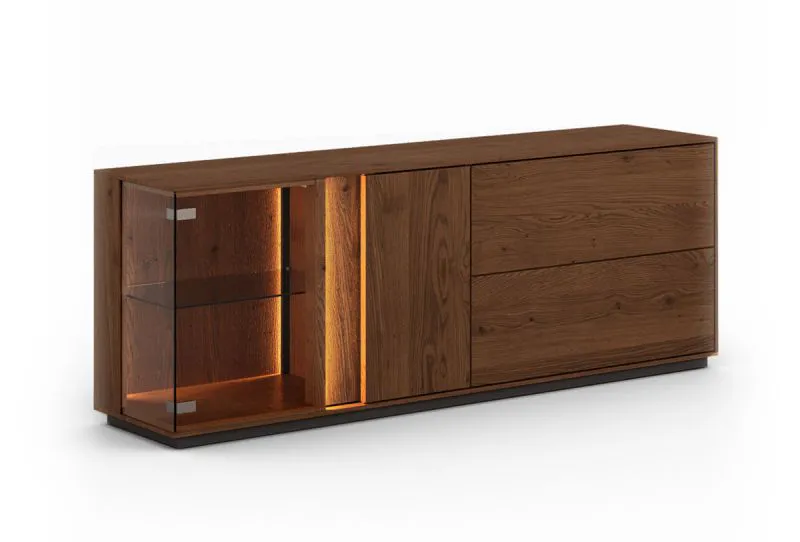 TV-Unterschrank mit einer getönten Glastür Sienne 09, aus Massivholz Wildeiche, in Tabacco geölt, Push-to-open Funktion, Maße: 60 x 165 x 43,5 cm