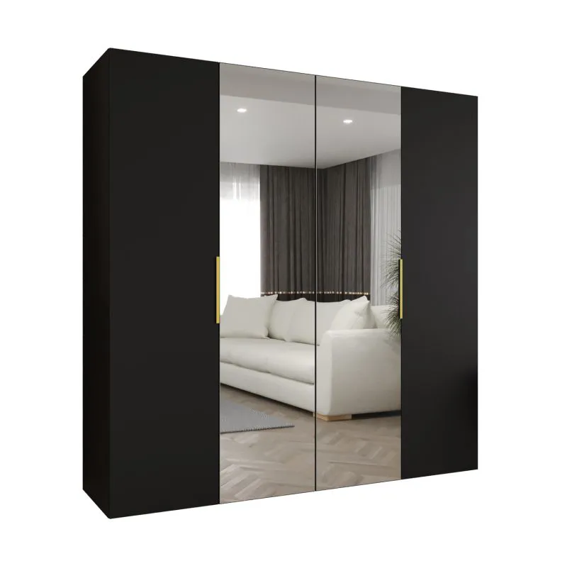 Drehtürenschrank mit 2 Meter breite Korab 85, Farbe: Schwarz, Soft-Close-Funktion, zwei Spiegeltüren, zwei Kleiderstangen, Griffe: Gold, zwei Fächer